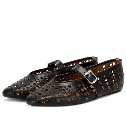 Hollow Ballet Flats Shoes for Women Breathable Hole Round Toe Ballerina Flats Fashion Women's Adjustable Buckle Strap Mary Jane Flats Comfortable Casual Dress