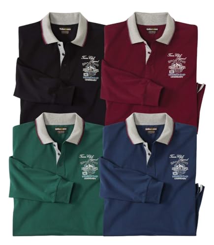 ATLAS FOR MEN Lot de 4 Polos Manches Longues Homme - 100% Coton - Bordeaux, Marine, Vert, Noir -...