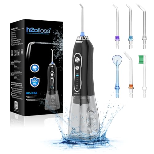 H2ofloss Irrigador Bucal Portátil, Irrigador Dental con 6 Boquillas y 5 Modos, 300ML USB-C Recargable para Limpieza de Dientes, IPX7 Impermeable, Limpiador Bucal para Hogar y Viajes (Negro)