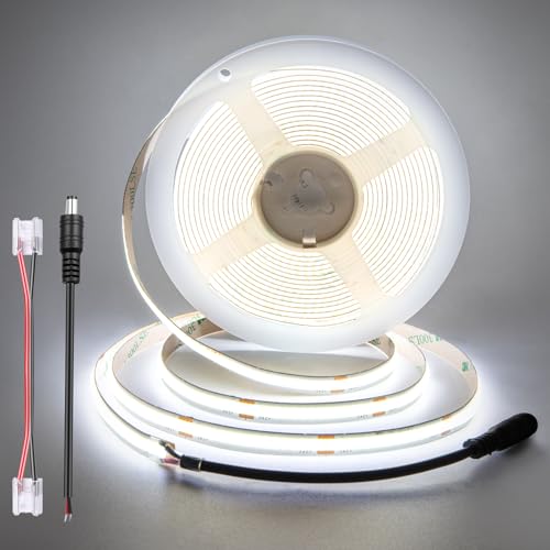 Cool White COB LED Strip 5m, 24V, 8mm wide, CRI 92, 9w/m, 100lm/w, 320 LEDs/m, Cuttable, Flexible, Dotless LED Strip for Kitchen Under Counter, Wardrobe, Indoor Ambiance (No Power Supply) 6000K