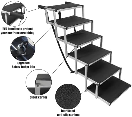 YEPHHO 6 Steps Dog Car Ramp for Medium and Large Dogs, Portable Folding Dog Stairs, Non-Slip Lightweight Aluminum Telescoping Dog Steps for Cars, Trucks, Pet Ladder Ramp Supports to 150 Lbs