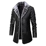 Herren Lederjacke - Klassisch Plus Size Fleece Dicke Warme Mittellange Pelz Revers Pu Lederjacken,Lässige Biker Motorrad Multi Pocket Mäntel,Winddichte Übergangsweiche Herren Überbekleidung,Schwa