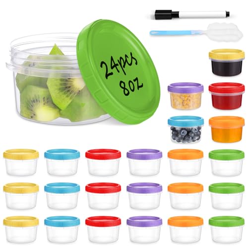 Yomarket 8 oz Plastic Containers with Lids, 24 Pack Stackable Small Freezer Container, Reusable Clear Food Storage Meal Prep Containers for Snack Fruit, Microwave & Dishwasher Safe, with Pen & Brush