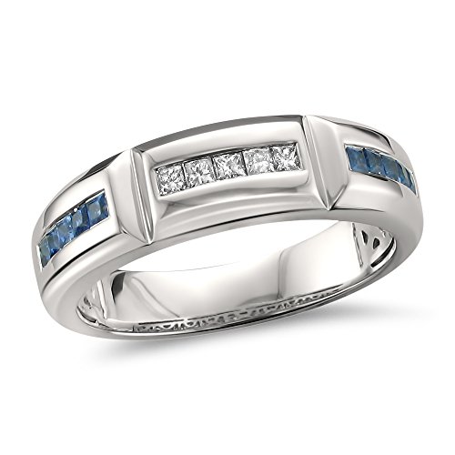 La4Ve Diamonds 1/5 Carat Channel-Set Princess-Cut Diamond & Blue Sapphire Men's Wedding Band Ring In 14K White Gold (I-J, Si2-I1) #TOP1