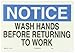Brady 73474 14" Width x 10" Height B-120 Premium Fiberglass, Black and Blue on White Personal Hygiene Sign, Header "Notice", Legend "Wash Hands Before Returning To Work"