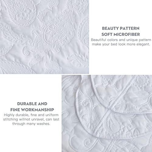 Image of HZ & HY Oversized Queen Bedspread, Stitched Paisley Quilt Set Queen Size, Lightweight Reversible Coverlet, Scalloped Edge - Clean Classic Look, 5 Piece, White