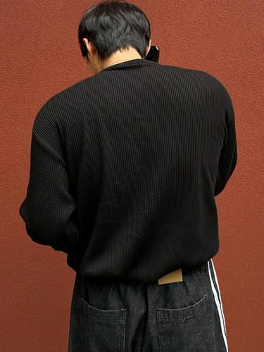 Image of Men's Textured Fabric Solid Color Basic Half-Open Collar T-Shirt, Fall Long Sleeve Men Shirt | Tshirt for Men