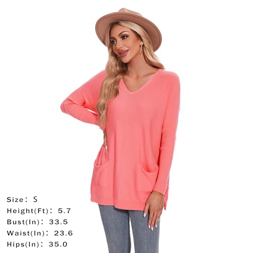 Image of Women's V-Neck Long Sleeve Casual Pullover Tops Loose Fit Lightweight Sweater Pink