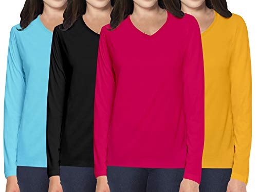 Image of Pooplu Women's Regular Fit Premium Combo V Neck Full Sleeves Pack of 4 Cotton Plain Light Blue, Black, Dark Pink, Yellow t-Shirts. Casual, Stylish, Pootlu Plain Tshirts