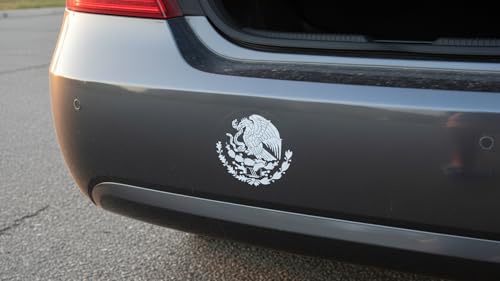 Image of 2 Pieces Calcomania Escudo Mexicano 6 inch x 5.2 inch - White Color - Mexican Eagle Decal Shield Emblem Sticker Mexican Flag Decals