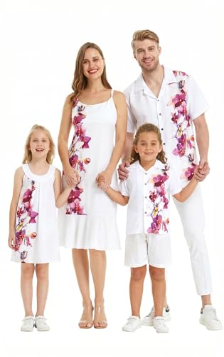 Image of Hawaii Hangover Family Matching Hawaiian Clothes, Watercolor Orchid White | Family matching Hawaiian outfits, Watercolor Orchid White, quick dry stretch fabric, machine washable, tropical floral print