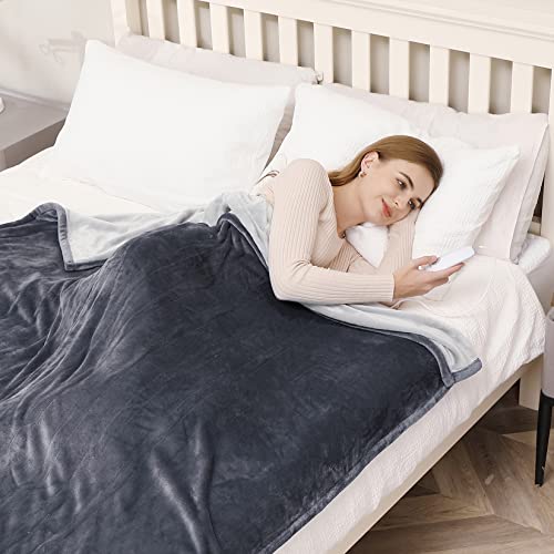 GAOMON Electric Heated Blanket Throw, Super Cozy Soft Flannel Heated Throw with 4 Fast Heating Levels & 10 Hours Auto Off, Machine Washable, ETL Certification, Home Office Use(Queen, Grey)