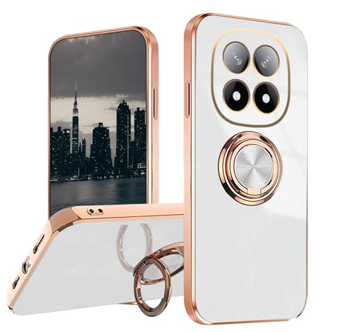 Hlgcokro for Xiaomi Redmi Note 14 Pro 5G Case with Magnetic Stand, Phone Case for Redmi Note 14 Pro 5G Silicone with Ring Holder Shockproof Fundas Slim Thin Luxury Plating Bumper Cover (White)