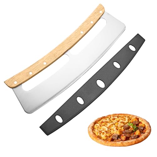 ORAGKE Nóż do pizzy ze stali nierdzewnej z drewnianą rączką, ostre ostrze 32 cm, duży nóż kołyskowy do krojenia pizzy