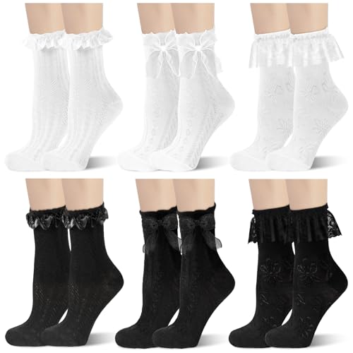 6 Pairs Women's Crew Socks - Black & White Ruffle Frilly Ankle Socks - Breathable Cotton - Regular