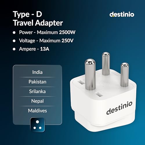 Image of Destinio Universal Travel Converter Plug Type D | World to India Adapter | Compatible for US Canada UK Europe Australia China | CE Certified, ROHS Compliant | 10A 250V Single Socket (Pack of 1 Pack)