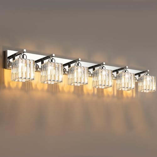 Image of Brushed Chrome Crystal Bathroom Vanity Light, 6-Light Modern Bathroom Lighting Fixtures Over Mirror,Chrome Wall Sconce Light Fixtures with Square Shade