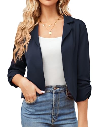Chaqueta Vestir Tipo Blazer Recortada para Mujer Cómoda Chaqueta Corta Manga 3/4 Azul Oscuro M