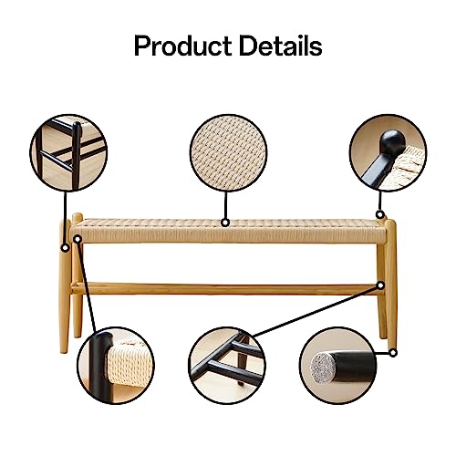 Xinnan 123 Solid Wood Entryway Bench With Shoe Storage, Rustic Oak Wood And Woven Design 45 Inch Long Seating thumb #4