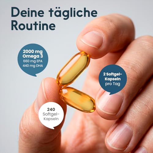Omega 3 Kapseln hochdosiert 2000mg Fischöl - 240 Softgel-Kapseln - davon 660 mg EPA und 440 mg DHA - Unterstützt die Gesundheit von Herz, Gehirn und Augen* - Produziert in Deutschland 3