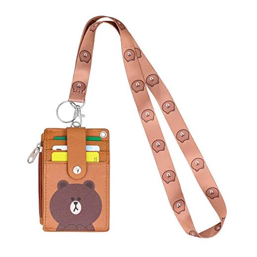 HASFINE ID Badge Holder PU Leather Credit Card Holder with Lanyard and Zipper Pocket, Cute Bear 2 Sided 5 Card Slots Name Badge Holder Keychain Lanyard for Teens Men Women