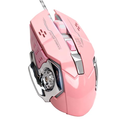Inbabit Ratón Gaming con cable RGB, 6 botones programable con DPI ajustable (4 niveles), diseño ergonómico para PC y portátil, efecto luz respirante (rosa)