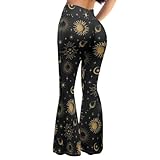 ELEDIZI Goth Sun Moon Stars Pants for Women Bootcut Flare Yoga Pants Tummy Control High Waist Leggings for Women Butt Lift Bell Bottom Leggings for Casual Gym Workout Running Pilates,M