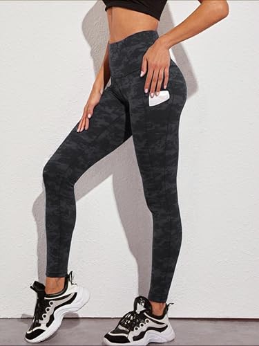 Calça feminina grossa de cintura alta para ioga com bolsos, leggings de corrida e treino com controle de barriga, Camuflagem preta, P