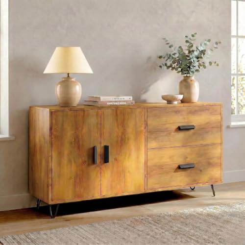Image of FFO Haven Sideboard Cabinet for Living Room | 2 Door Storage Cabinet with 2 Drawers, Modern Sideboard Cupboard for Bedroom, Dining Room & Hallway, Wood Finish Cabinet with Metal Hairpin Legs DIY