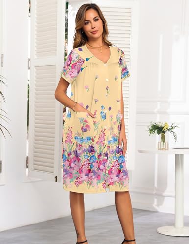 Image of Ekouaer House Dresses for Women with Pockets Button Down Nightgowns Plus Size Moo Moos Mumu Dresses Floral Print S-3XL