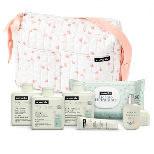Suavinex, Bolso Carro Bebé con Cosmética: Gel Syndet + Champú Extra Suave + Loción Hidratante + Pomada Pañal 30 ml + Baby Cologne 50 ml + Toallitas. Regalo Recién Nacido, Canastilla, Rosa