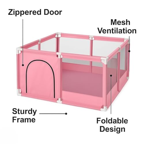 Image of Baby Playpen with Balls - Portable Play Yard with Mesh Panels for Safety & Visibility, Indoor /Outdoor Toddler Activity Fence for Boys & Girls (Baby Pink)
