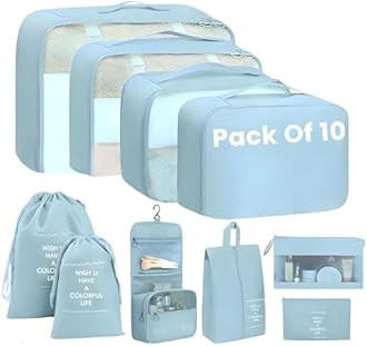 Mesh Packing Cubes Organiser for Travel, Travel Organizer Bags for Luggage, Suitcase includes 2 Drawstring Bags, Shoe Bag and Toiletry Bag with Hook - Set of 10 - Sky Blue, 32 x 11 cm
