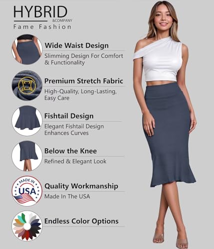 Image of HyBrid & Company Womens Premium Nylon Ponte Stretch Office Fishtail Pencil Skirt High Waist Made in The USA Below Knee