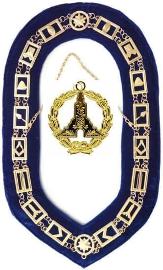 MASONIC BLUE LODGE OFFICER CHAIN COLLAR WITH Gold – Senior Warden JEWEL - MASONIC REGALIA BLUE LODGE CHAIN COLLAR GOLDCHAIN AND BLUE BACKING