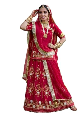 Image of Fancy Heavy Embroidery Work Shimmer Silk Semi-stitched Rajputi Poshak For Women Rajasthani Lehenga Choli