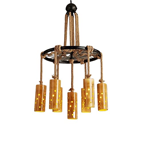 Lustre industriel rétro E27 avec cordes suspendues et plafonnier bambou vintage