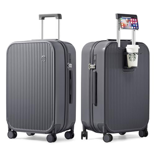 mixi Checked Luggage with Cup Phone Holder Hard Shell Rolling Travel Suitcase with Spinner Wheels,24 Inch Rock Grey by mixi - Used condition - US$84.49