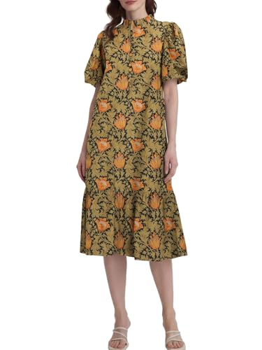 Image of Summer Floral Midi Dress for Women Spring Puff Short Sleeve Button Down Flowy Boho Dresses