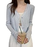 [TASOGARA] カーディガン レディース ニットカーディガン アウター 薄手 ジャケット 夏 ショート丈 UVカット 日焼け防止 吸汗速乾 通勤通学 可愛い ト vネック 長袖 (ブルー)