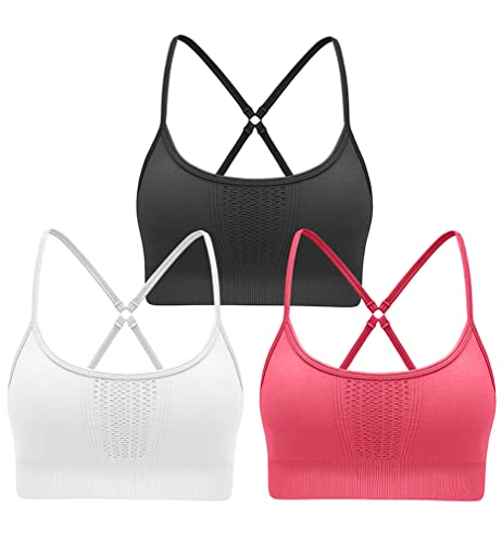 LNSK Sujetador deportivo con espalda cruzada para mujer, 3 unidades, copas extraíbles, sin costuras, yoga, gimnasio, entrenamiento, sujetador sexy, Negro, rojo sandía, blanco, Large Cover