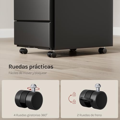 WOLTU Cajonera de Oficina Armario Archivador Móvil con Cerradura, Cajonera con Ruedas para Archivos A4 Carpetas Colgantes, Mueble Archivador Metálico para Oficina, Negro SK024sz - imagen 6