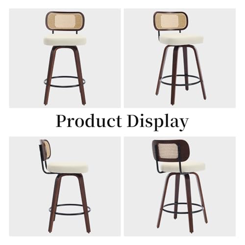 Image of Shenyon Counter Height Bar Stools Set of 3, Swivel Bar Chairs with Curved Rattan Back, Upholstered PU Leather, Walnut Craftsmanship, Mid Century Modern Counter Stools for Kitchen Counter, Beige