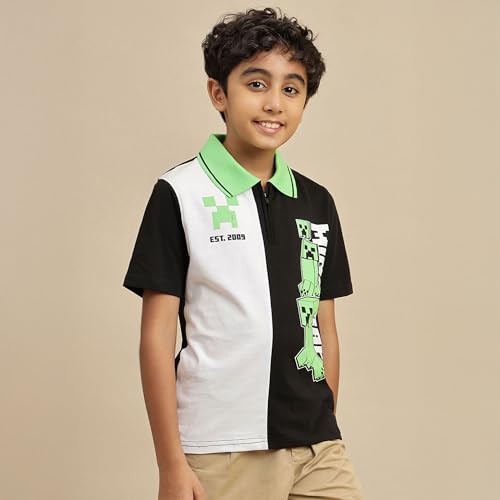 Image of Kidsville Official Minecraft Steve, Alex & Creeper Half Sleeves Round Neck Graphic Printed Regular Fit Pure Breathable Cotton Fabric Tshirt for Boys