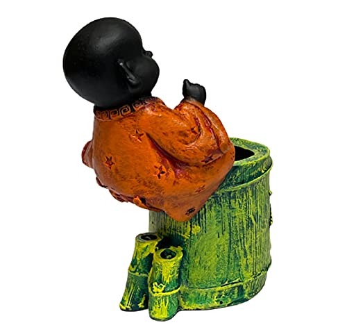 Image of AUGEN Pen Stand Decorative Hand Painted Orange Buddha Design Stationery Holder | Gift Item | Table Top Decor (2047)