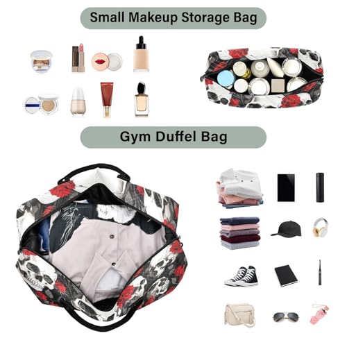 Red Rose Skulls Duffel Bag for Traveling, Gym Bags with Multiple Interior Pockets for Women Men Toiletry Purse Included 20.5”x 1.9” x 13.8”4