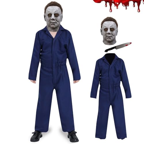 Michael Myers Costume Kids Halloween Mike Myers Costume with Michael Myers Mask Knife Outfit Horror Scary Killer Cosplay Coveralls Suit for Boys Girls Children (B X-Large)