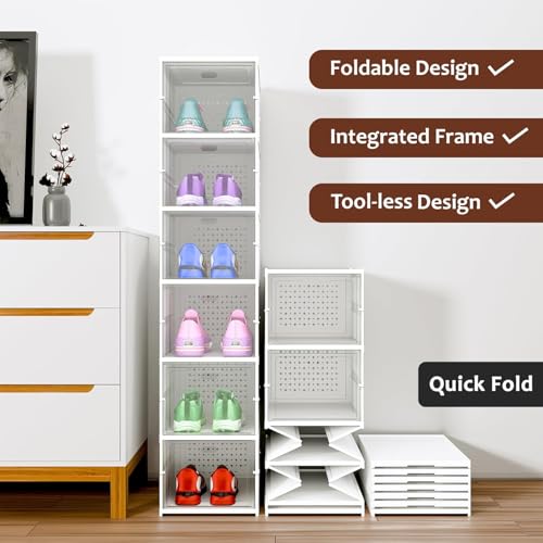 Image of Qshare Sneaker Shoe Rack Box llapsible Shoe Organiser With Door-Foldable Sneaker Crates Footwear Organiser For Men, Women, Heels, Boots, Loafers, Sneakers, Slippers - Plastic (White, 3)