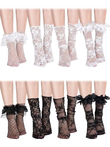 Image of Geyoga 4 Pairs Women's Lace Socks Ankle High Lace Loose Sheer Mesh Slouch Socks for Women