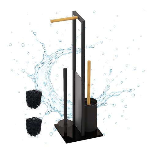 Juego de baño Relaxdays, 65 x 21 x 18 cm, Soporte de Papel higiénico, escobilla, Porta Rollos, Negro/Natural